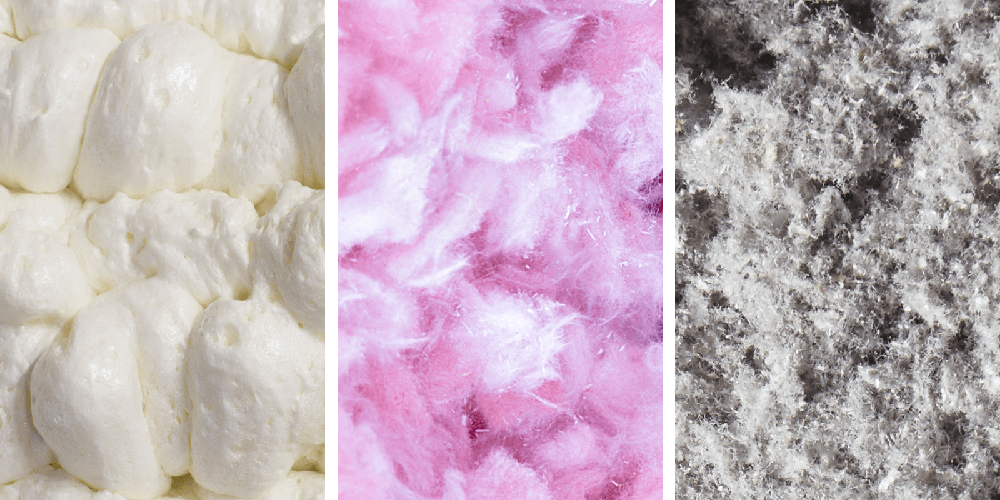 three adjacent images of insulation foam fiberglass and cellulose